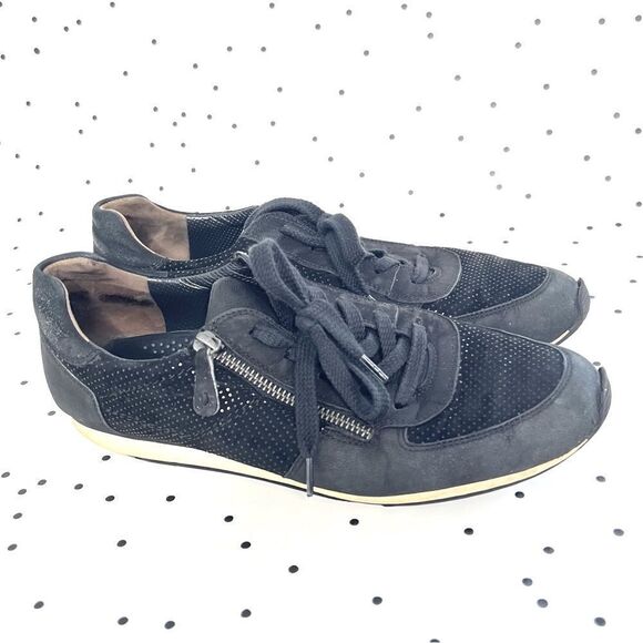 🌱 PAUL GREEN 🌱 black leather suede sneakers size 9,5 zipper - Picture 1 of 12